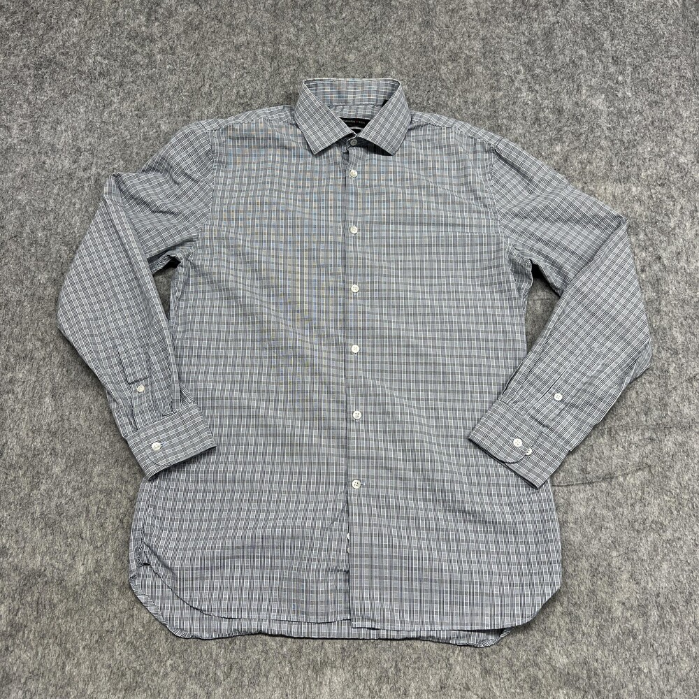 John Varvatos USA Shirt Mens 15.5 Gray Blue Plaid Button Down Luxe Made USA